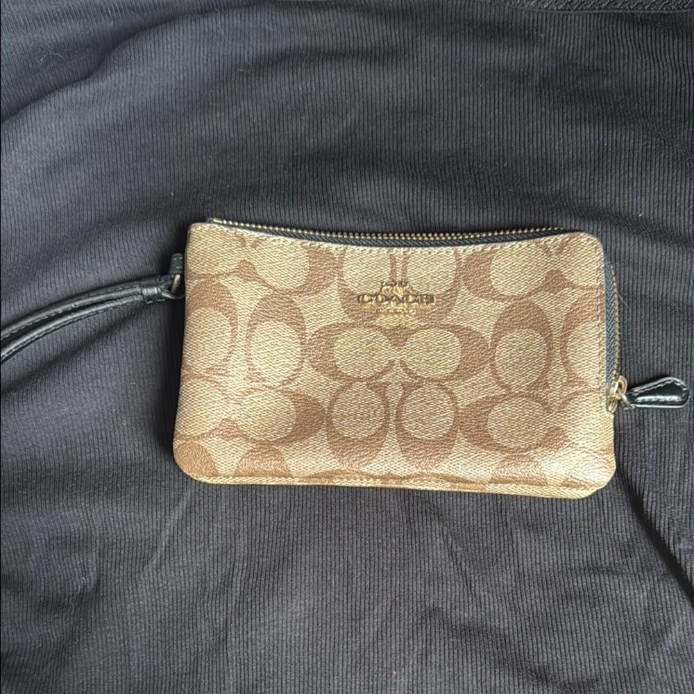 Coach Tan and Brown Logo Wristlet